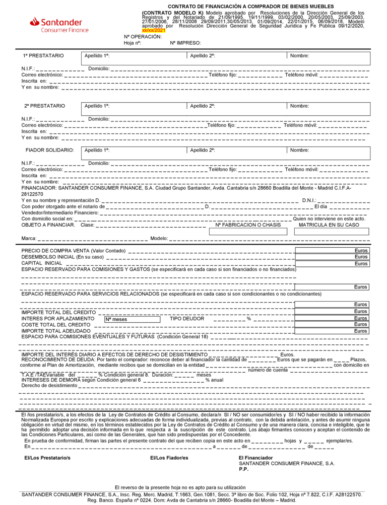 BOE-A-2021-8919 Resolución de 11 de mayo de 2021, de la Dirección General de Seguridad Jurídica y Fe Pública, por la que se aprueban las modificaciones en el modelo de contrato de financiación a comprador de bienes muebles, letra de identificación K, para ser utilizado por Santander Consumer Finance, SA.