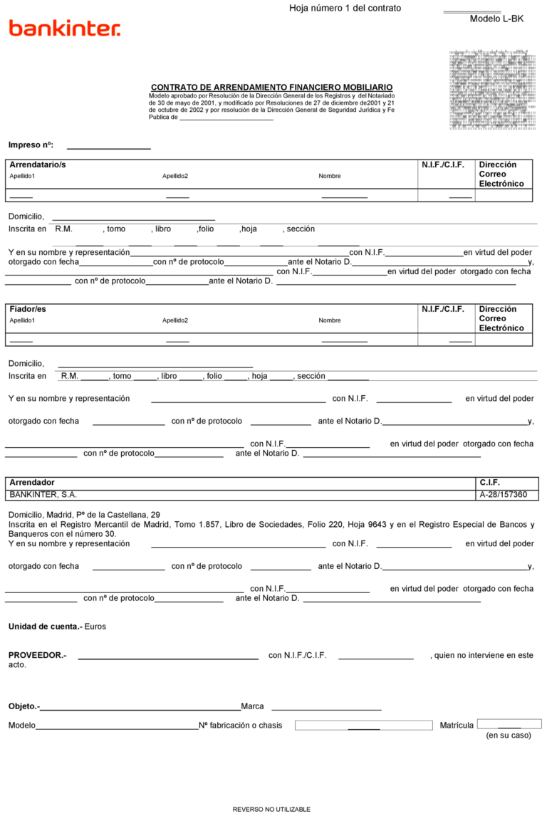BOE-A-2021-9758 Resolución de 2 de junio de 2021, de la Dirección General de Seguridad Jurídica y Fe Pública, por la que se aprueban las modificaciones introducidas en el modelo de contrato de arrendamiento financiero mobiliario, letra de identificación «L-BK» para ser utilizado por Bankinter, SA.