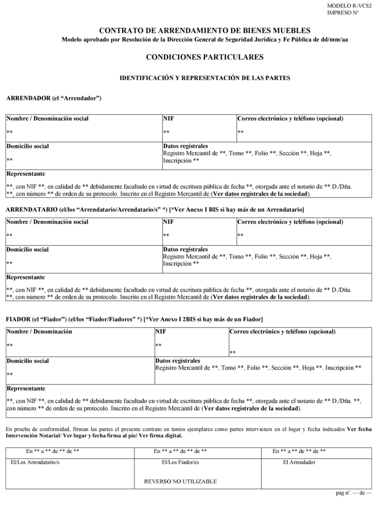 BOE-A-2021-11888 Resolución de 6 de julio de 2021, de la Dirección General de Seguridad Jurídica y Fe Pública, por la que se aprueba el modelo de contrato de arrendamiento de bienes muebles, letras de identificación R-VCS2, y sus anexos, para ser utilizado por la entidad VFS Commercial Services Spain, SA.