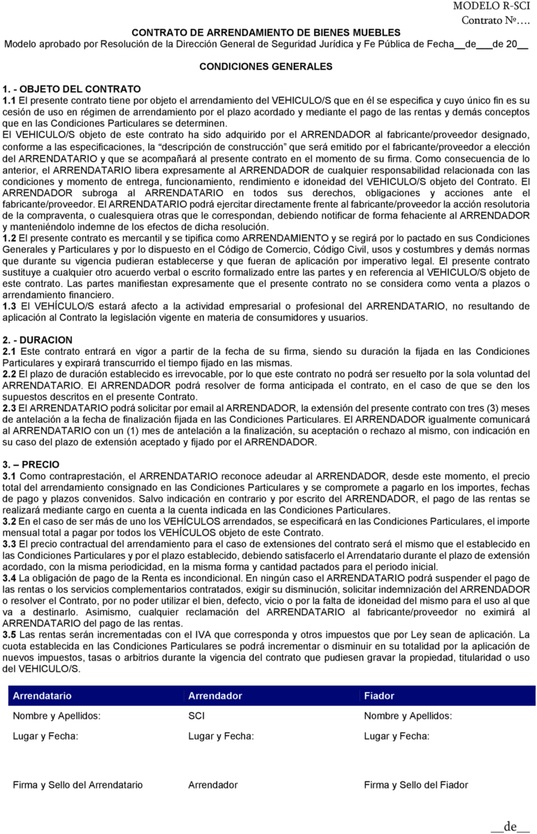 BOE-A-2021-16327 Resolución de 20 de septiembre de 2021, de la Dirección General de Seguridad Jurídica y Fe Pública, por la que se aprueba el modelo de contrato de arrendamiento de bienes muebles, letras de identificación R-SCI, y sus anexos, para ser utilizado por Schmitz Cargobull Ibérica, SAU.