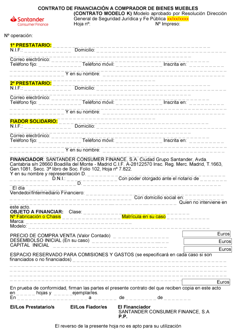 BOE-A-2022-10961 Resolución de 23 de junio de 2022, de la Dirección General de Seguridad Jurídica y Fe Pública, por la que se corrigen errores en la de 23 de mayo de 2022, por la que se aprueban las modificaciones introducidas en el modelo de contrato de financiación a comprador de bienes muebles, letra de identificación «K», utilizado por la entidad Santander Consumer Finance, SA.