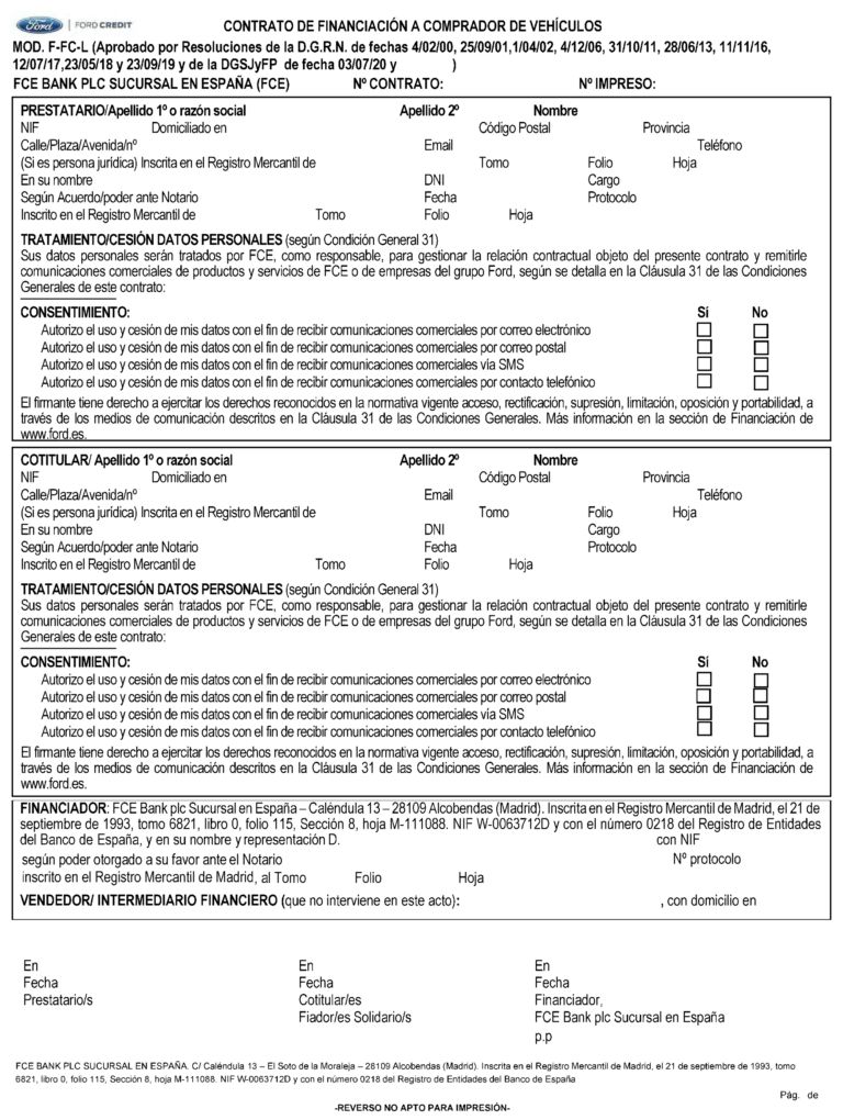 BOE-A-2022-13086 Resolución de 15 de julio de 2022, de la Dirección General de Seguridad Jurídica y Fe Pública, por la que se aprueban las modificaciones introducidas en el modelo de contrato de financiación a comprador de vehículos, letras de identificación F-FC-L, para ser utilizado por FCE Bank plc, sucursal en España.