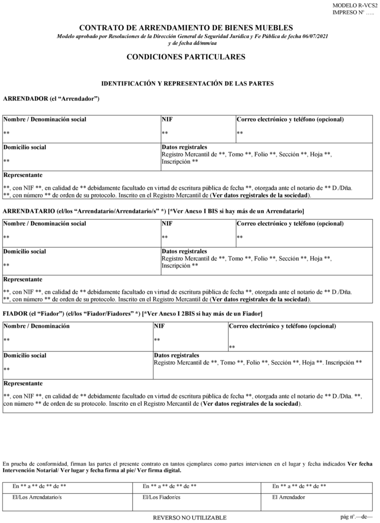 BOE-A-2022-13510 Resolución de 27 de julio de 2022, de la Dirección General de Seguridad Jurídica y Fe Pública, por la que se aprueban las modificaciones introducidas en el modelo de contrato de arrendamiento de bienes muebles, letras de identificación R-VCS2, y sus Anexos, para ser utilizado por VFS Commercial Services Spain, SA.
