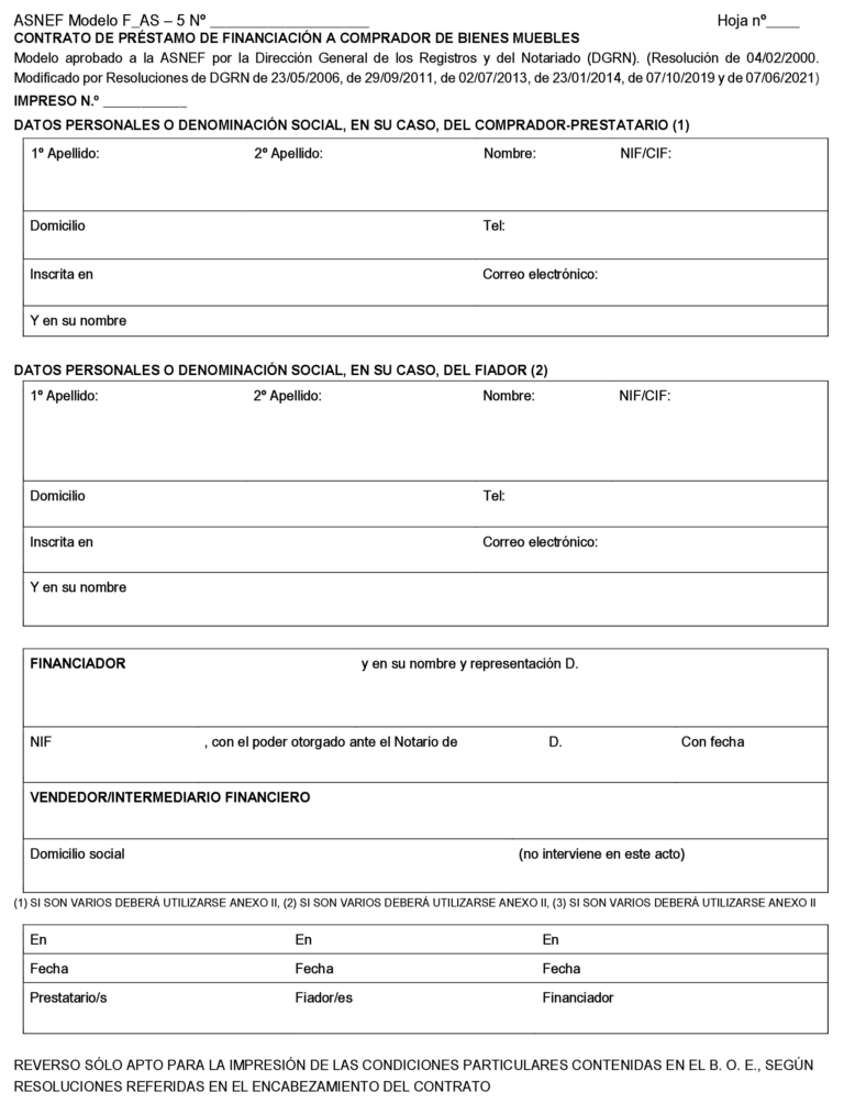 BOE-A-2022-15442 Resolución de 12 de agosto de 2022, de la Dirección General de Seguridad Jurídica y Fe Pública, por la que se aprueba la modificación de la cláusula general n.º 14 del modelo de contrato de préstamo de financiación a comprador de bienes muebles F-AS-5, para ser utilizado por la Asociación Nacional de Establecimientos Financieros de Crédito.
