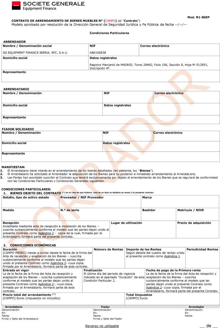BOE-A-2022-20492 Resolución de 16 de noviembre de 2022, de la Dirección General de Seguridad Jurídica y Fe Pública, por la que se aprueba el modelo de contrato de arrendamiento de bienes muebles, con letras de identificación «R1-SGEF», y sus anexos 7.2 «Otros pactos: seguro y/o mantenimiento», y 7.3 «Otros pactos adicionales», para ser utilizado por SG Equipment Finance Iberia, EFC, SAU.