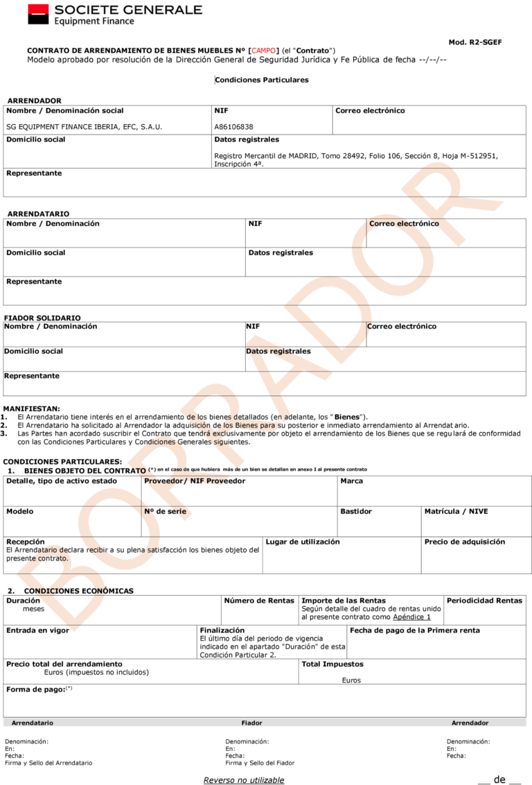BOE-A-2022-20493 Resolución de 16 de noviembre de 2022, de la Dirección General de Seguridad Jurídica y Fe Pública, por la que se aprueba el modelo de contrato de arrendamiento de bienes muebles, con letras de identificación «R2-SGEF», y sus anexos 7.2 «Otros pactos: seguro y/o mantenimiento», y 7.3 «Otros pactos adicionales», para ser utilizado por SG Equipment Finance Iberia, EFC, SAU.