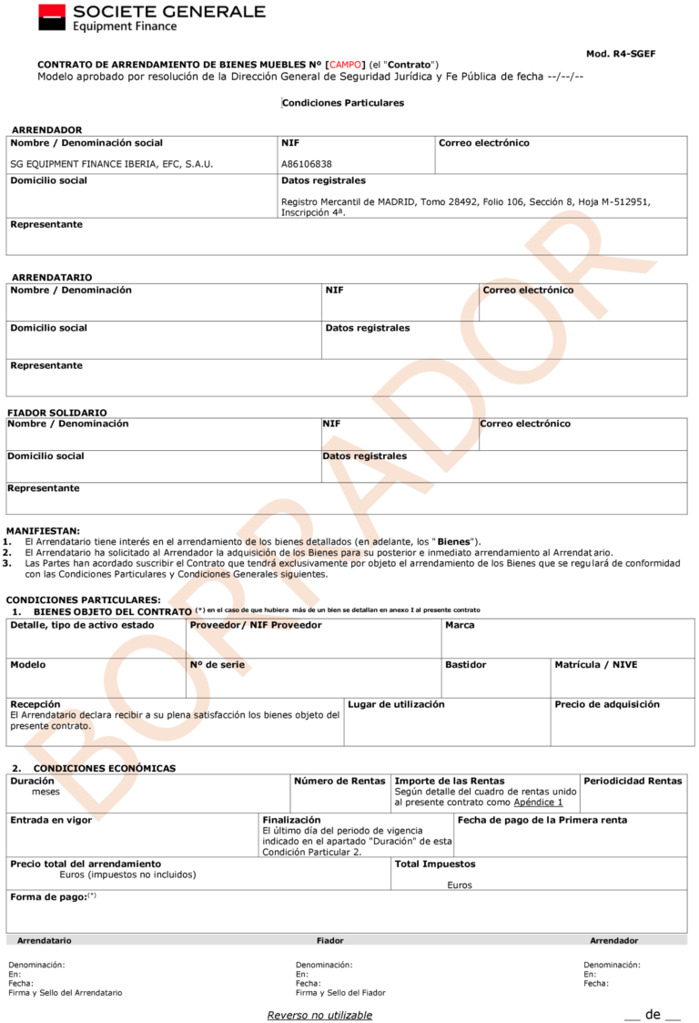 BOE-A-2022-20495 Resolución de 16 de noviembre de 2022, de la Dirección General de Seguridad Jurídica y Fe Pública, por la que se aprueba el modelo de contrato de arrendamiento de bienes muebles, con letras de identificación «R4-SGEF», y sus anexos 7.2 «Otros pactos: seguro y/o mantenimiento», y 7.3 «Otros pactos adicionales», para ser utilizado por SG Equipment Finance Iberia, EFC, SAU.