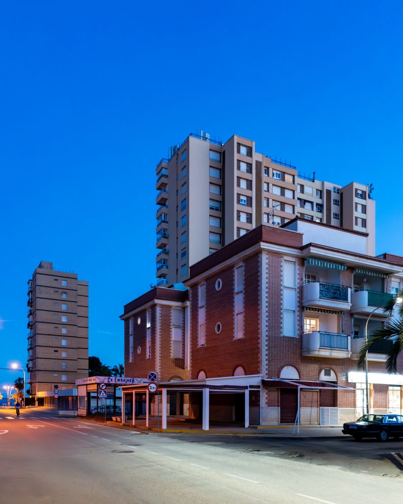 Twilight view of San Javier's urban residential architecture in Spain.